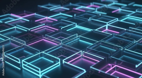 Abstract Geometric Grid with Neon Glow - Futuristic Technology Background