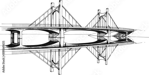 Suspension bridge reflection illustration, black and white sketch, architectural engineering drawing, symmetrical water mirror, vertical towers, cable design, artistic perspective art