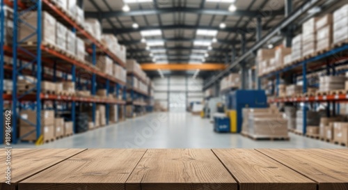 Wallpaper Mural Warehouse interior with shelves, boxes, and wooden table in foreground Torontodigital.ca