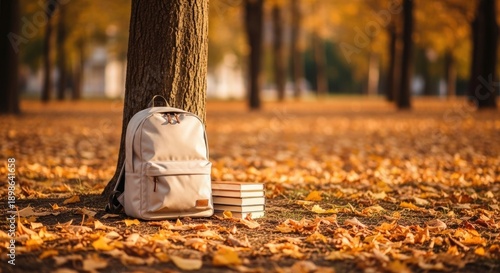 Backpack and books by tree in autumn park with fallen leaves