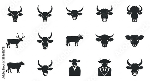 Collection of Bull and Cattle Icons and Silhouettes.