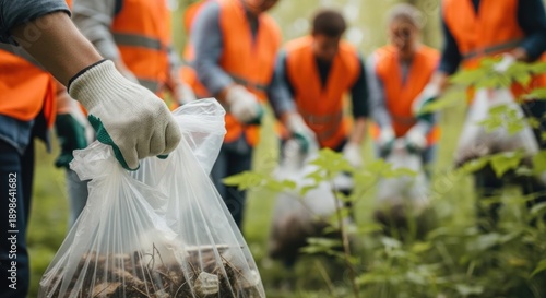 Volunteers cleaning park, picking up trash in plastic bags, community service