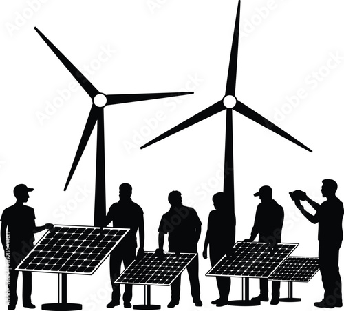 Silhouettes of individuals inspecting solar panels and wind turbines, symbolizing renewable energy development and collaboration