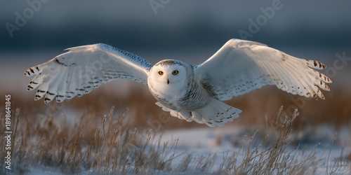 Snowy owl soars over the Arctic tundra with full wingspan visible in soft winter light during wildlife observation