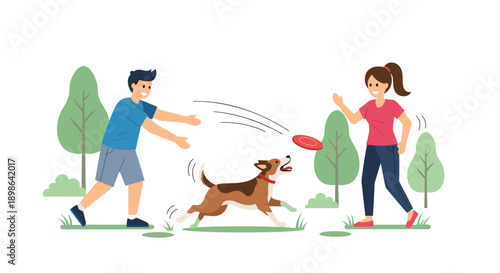 Young man and woman playing frisbee with dog in park  