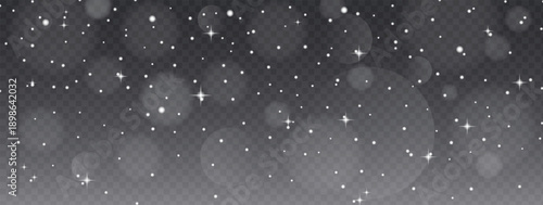 Realistic snow fallen on dark transparent background. Abstract dust particles, white confetti winter png bg. Christmas wallpaper poster elements, flyer, new year card, realistic vector snow powder