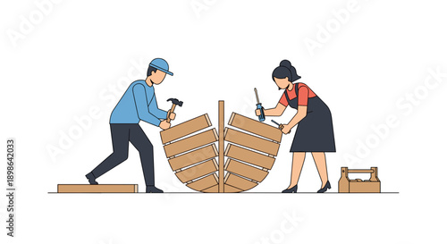 Two people building a wooden boat together in workshop setting  