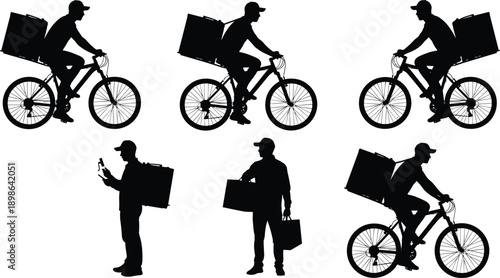 Vector illustration of delivery workers—symbols for urban logistics, bicycle courier service, package handling, mobile navigation, and modern transport roles