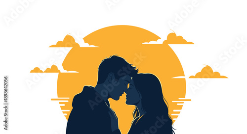 Silhouette of couple kissing at sunset with orange sky and clouds  