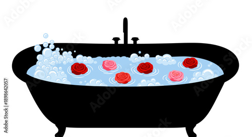 Black bathtub filled with water and red roses on top  