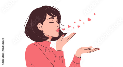 Young woman blowing kisses with hearts floating on white background  