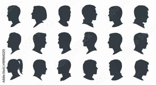 Collection of diverse human head profile silhouettes facing right.