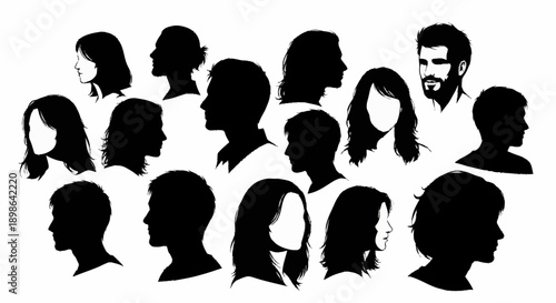 Collection of Diverse Human Head Silhouettes Facing Different Directions.