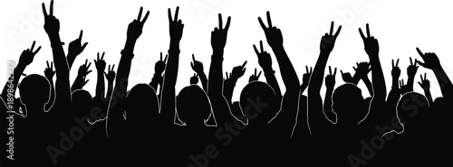 Cheering crowd silhouette showing victory hand signs, energetic concert and celebration audience illustration isolated on white background for event and freedom concepts