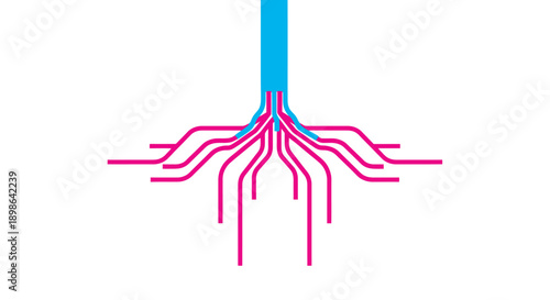 Abstract Data Flow and Network Distribution Concept. Centralized Input Branching into Multiple Outputs. Vector Illustration.