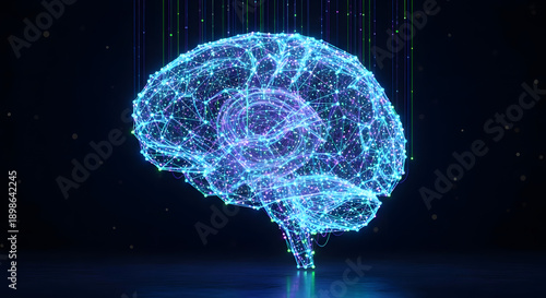 A glowing blue digital brain illustration with neon connections on a dark background