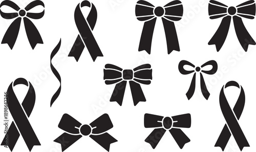 Collection of black ribbons and bows on white background
