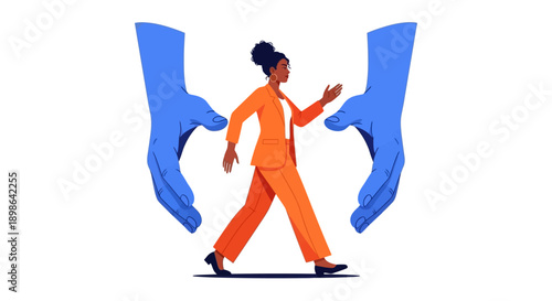 Confident Black Businesswoman Walking Forward Under Protection and Guidance. Career Support and Mentorship Vector Illustration.