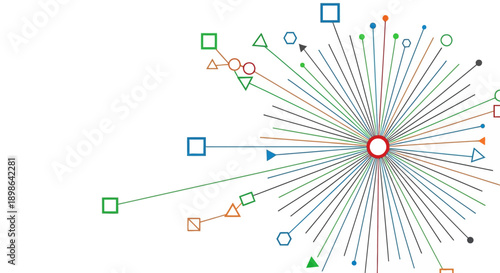 Hub and Spoke Network Diagram. Abstract Radial Data Connection, Centralized System Flow, and Complex Distribution Illustration