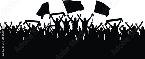 Cheering protest crowd silhouette with raised hands and flags, powerful demonstration and unity concept illustration isolated on white background for activism and event designCheering protest crowd 