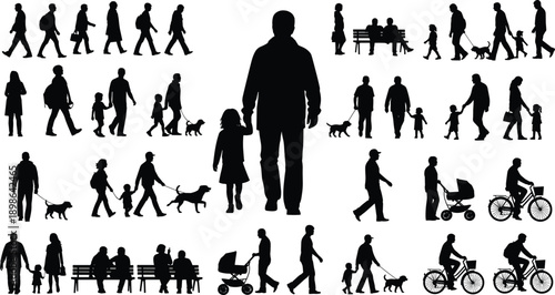 "Black silhouettes of people in family and community activities, walking, cycling, parenting, and outdoor lifestyle illustration for design and art"
