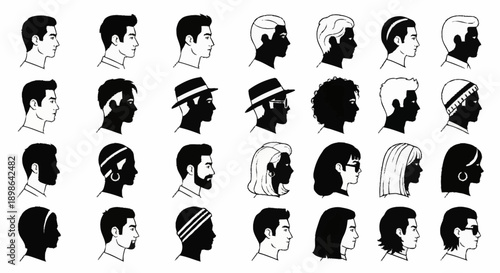Collection of diverse human profile illustrations in black and white.