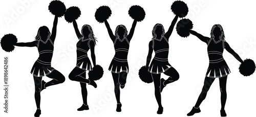 Cheerleader silhouette collection with pom poms in energetic dance poses, female team spirit performers, black vector illustration isolated on white background for sports concepts