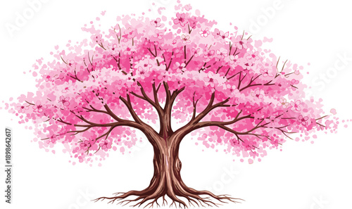 Cherry blossom tree vector in full bloom with pink flowers and detailed roots. Ideal for spring design, nature themes, and botanical illustrations.
