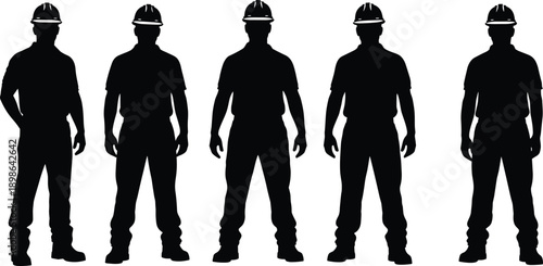 Vector illustration of construction silhouettes—symbols for labor force, occupational safety, teamwork posture, industrial presence, work attire, and site unity
