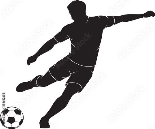 Black silhouette of a soccer player kicking a ball in mid-air on a white background