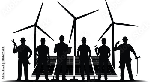 Team of skilled workers in silhouette performing maintenance and installation on renewable energy systems including wind turbines and solar panels