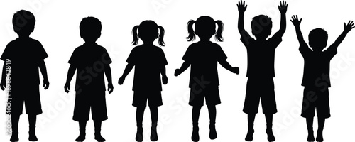 Children silhouette set showing boys and girls standing, jumping and raising hands, playful kid poses collection isolated on white background illustration