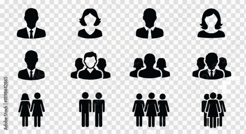 Collection of diverse human silhouette icons representing people and groups.
