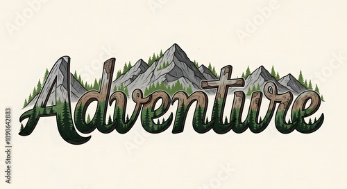 A stylized illustration of the word Adventure with a mountain landscape
