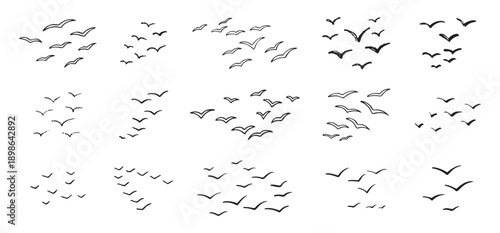 Birds flying line in the sky set. Ink grunge flock of birds afar brush hand drawn. markers and crayons