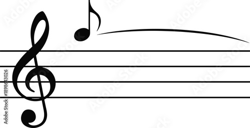 Musical notes staff illustration with treble clef and melody line, minimalist music symbol design for sound, harmony, and creativity concepts