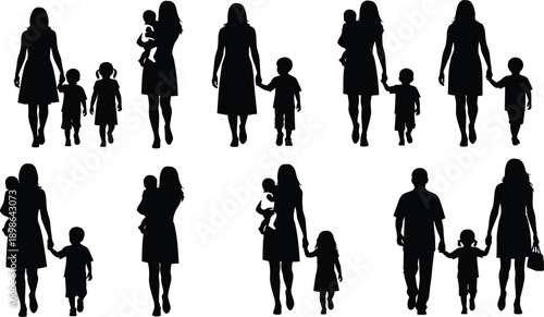 Vector illustration of caregiving silhouettes—symbols for family bonding, nurturing roles, walking gesture, parenting diversity, emotional connection, and generational support