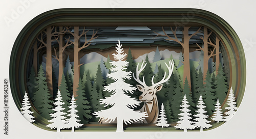 A serene forest scene with a majestic deer and pine trees in a layered paper cutout design