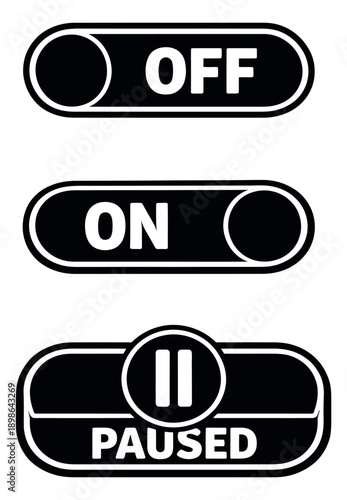 Modern graphic toggle switch set featuring on, off, and paused states for user interface design