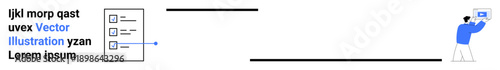 Person uploading a file represented by text and checkboxes with a connecting line, indicating data synchronization. Ideal for teamwork, project management, data sharing, organization, education