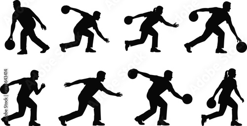 Vector illustration of bowling silhouettes—symbols for sport motion, ball technique, athletic posture, indoor game, competitive energy, and recreational activity