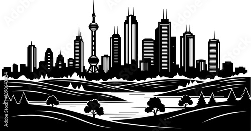 Stunning skyline cityscape illustration with skyscrapers and trees, perfect for urban designs, travel posters, or architectural projects; modern, scalable vector art