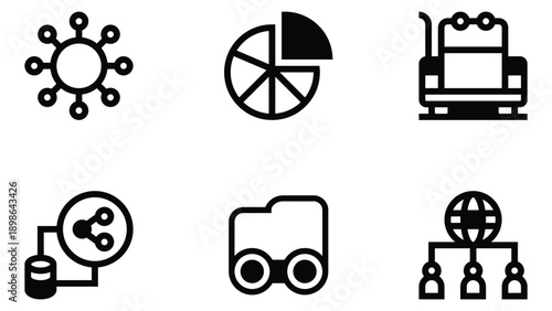 
Distribution including icon set. Vector collection of heavy black outline symbols including truck, airplane, cargo ship, container and warehouse. Transportation graphics isolated on white