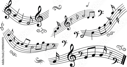 Musical notes on staff collection with clefs and staves, cad drawing flat vector illustration, black melody symbols for song composition