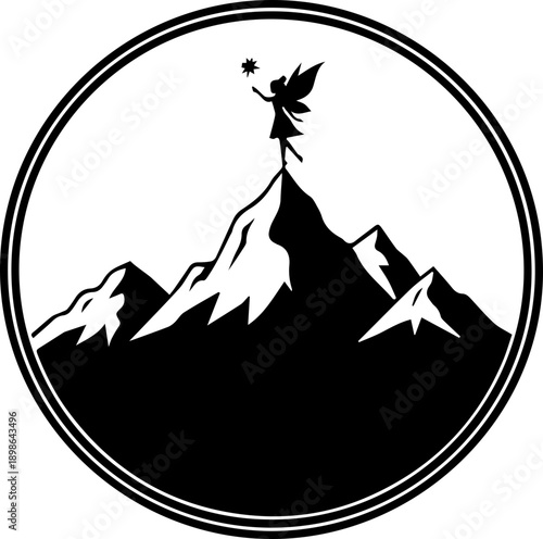 Enchanting fairy atop mountain peak, wielding magical star, symbol of dreams, achievement, and fantasy, originally created as scalable vector art