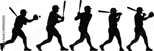 Vector illustration of baseball silhouettes—symbols for swing technique, batting motion, sports energy, athletic posture, game action, and competitive performance