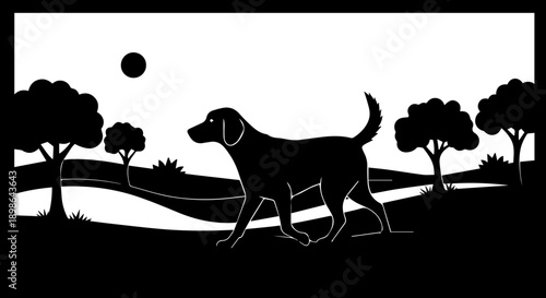 Elegant silhouette of a dog walking in a stylized landscape with trees and sun, capturing simple charm, perfect for pet lovers and nature enthusiasts