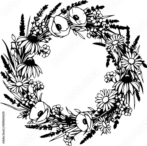 Elegant floral wreath with delicate poppies and daisies, perfect for wedding invitations, spring designs, and graceful branding, originally vector art