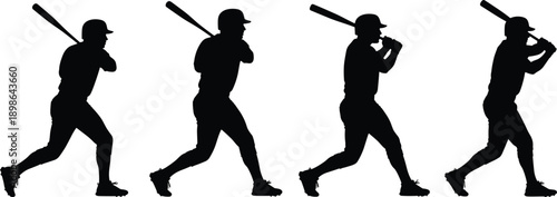 Vector illustration of baseball silhouettes—symbols for batting stance, swing technique, sports motion, athletic posture, game action, and competitive energy