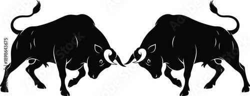 Two fighting bull silhouettes facing each other, power strength and confrontation symbol, aggressive animal combat concept isolated on white background